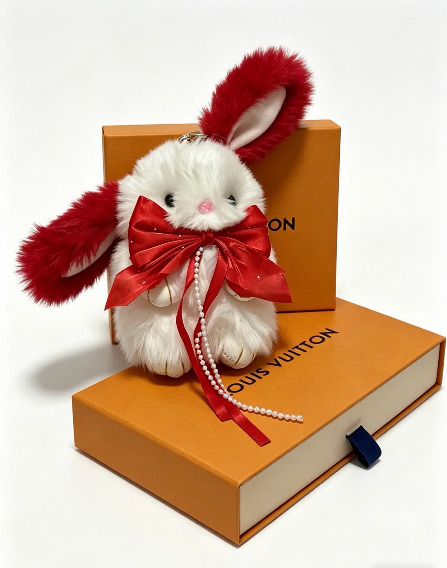 Louis Vuitton Luxury White Rabbit Keychain with Pearls and Ribbons